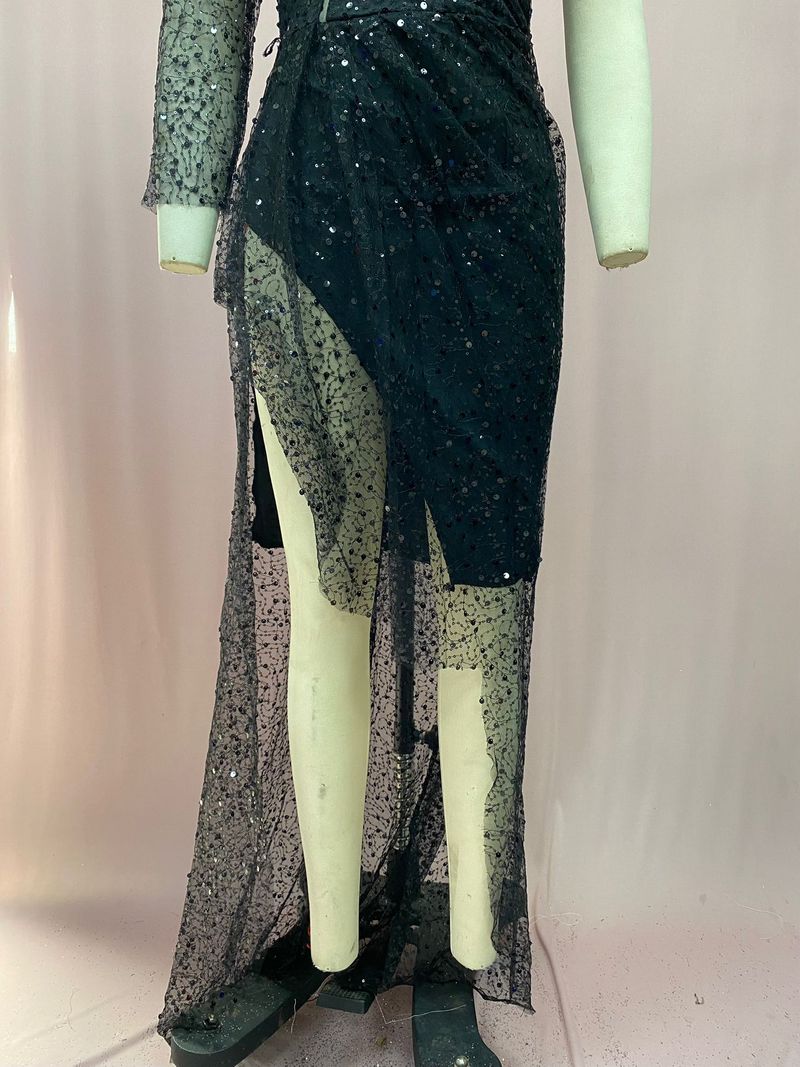 Damenbekleidung Damen verträumtes Partykleid in Partyqualität mit sexy Schlitz und langen Ärmeln und Pailletten für Bankettabend_voghion.com