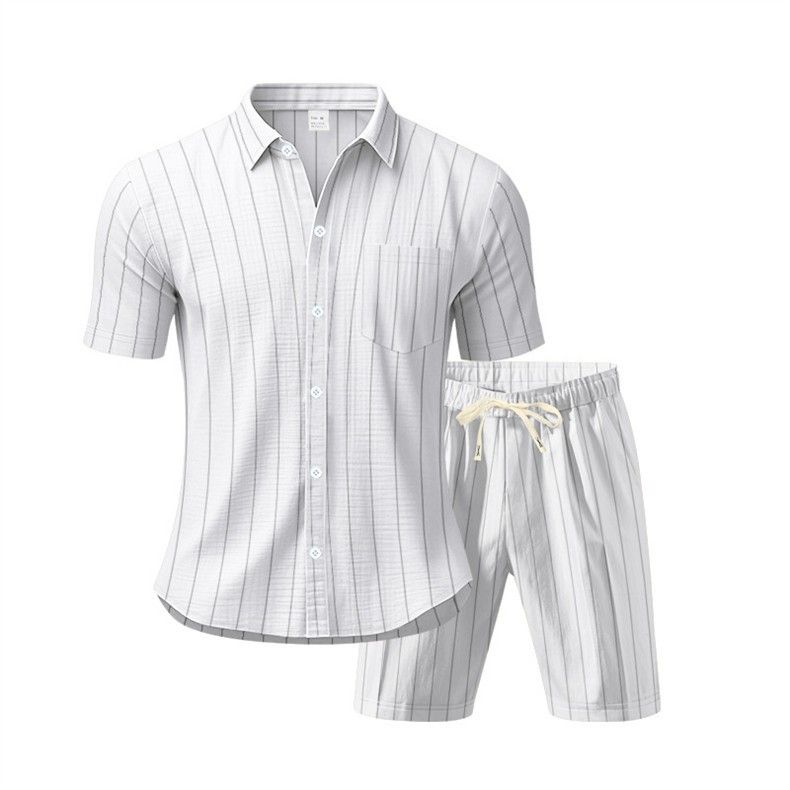 Vêtements pour hommes, costume d'été en lin pour hommes, chemise ample à manches courtes à rayures, short de plage, costume deux pièces_voghion.com