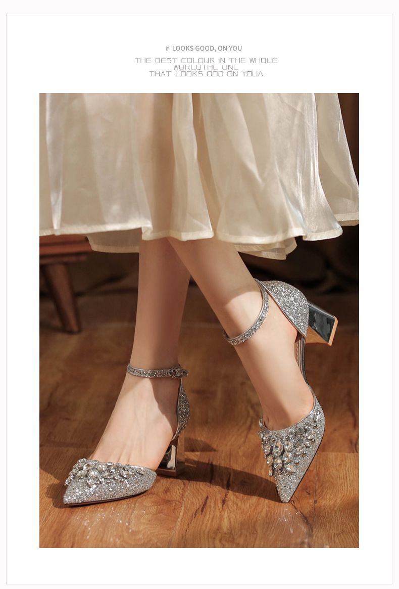 6666-3 Scarpe con tacco grosso, paillettes, strass, fibbia, cinturino singolo, abito da banchetto da sposa, tacchi alti, eleganti glitter_voghion.com