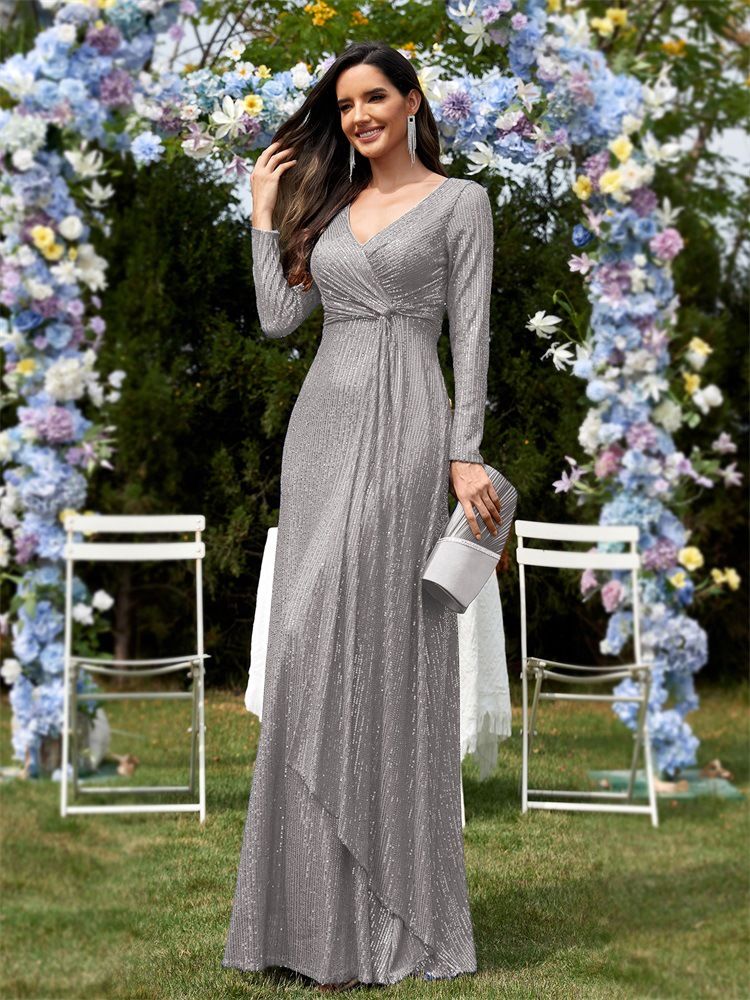 Abito da sera a sirena con scollo a V e maniche lunghe da donna_voghion.com