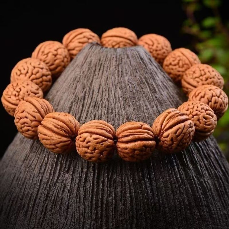 Natural Wood Wenwan Peach Kernel Brain Pattern Single Circle Handheld Piece Ethnic Style Prayer Bead Bracelet_voghion.com