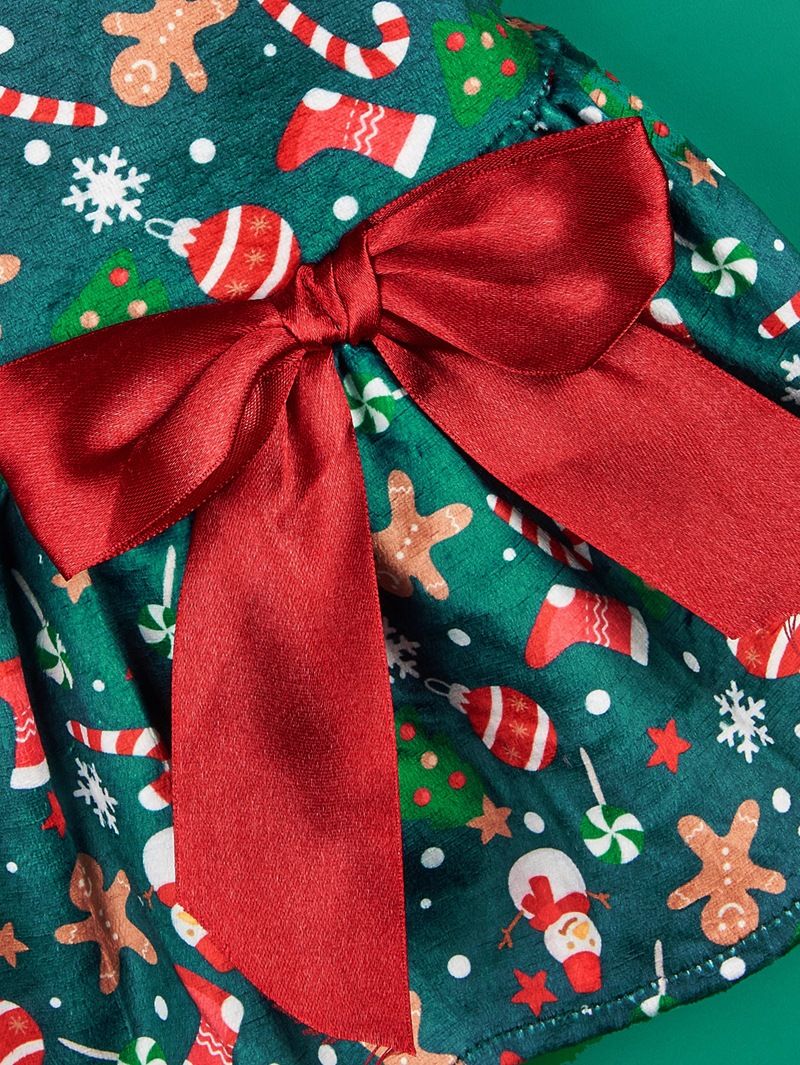 Weihnachtskatzenkleid mit Schleife und Weihnachtsdruck, Teddykleid, Hunderock, Haustier-Prinzessinnenkleid_voghion.com