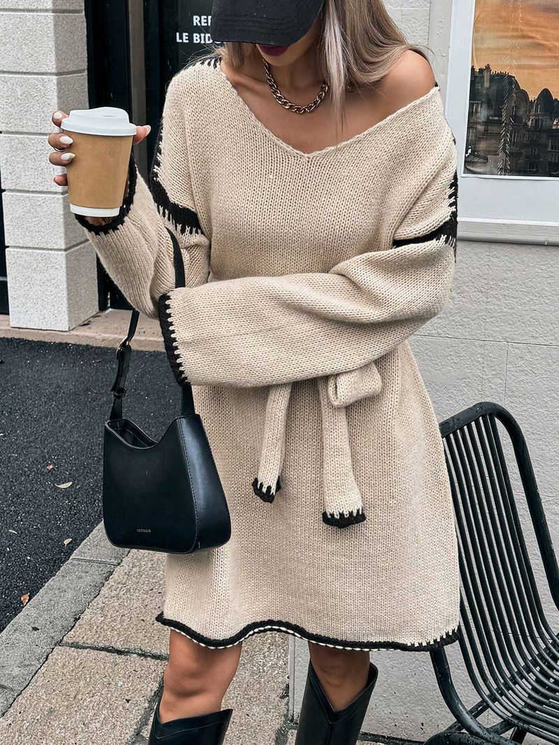 Robe en maille oversize à col en V et ceinture ajustable – Robe longue bohème à manches longues pour l'automne_voghion.com