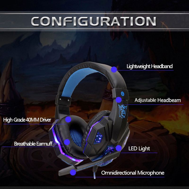 Auriculares para juegos con cable y luz LED, micrófono y cancelación de ruido para PC, portátil, PS4, PS5 y Xbox._voghion.com