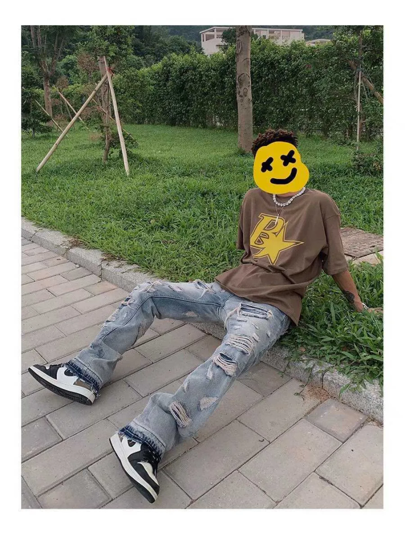 Men's 2022 High Street Hole Ripped Vintage Men Hip Hop Baggy Jeans Trousers Punk Distressed Retro Washed Straight Denim_voghion.com
