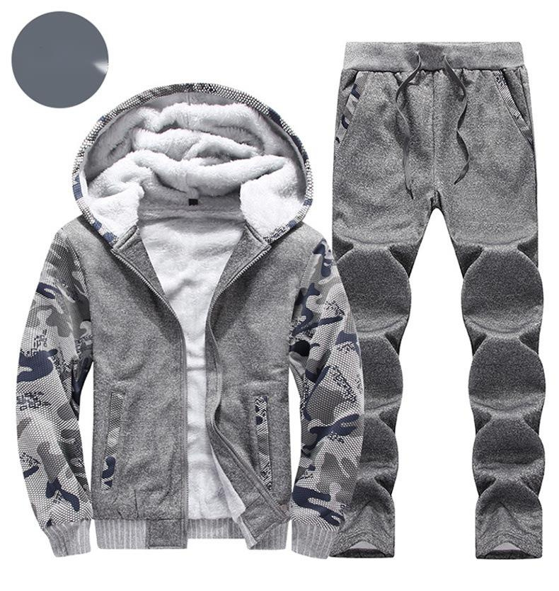 Conjunto casual esportivo de pelúcia masculino de outono e inverno, capuz de camuflagem masculino, suéter quente espesso, conjunto de duas peças_voghion.com