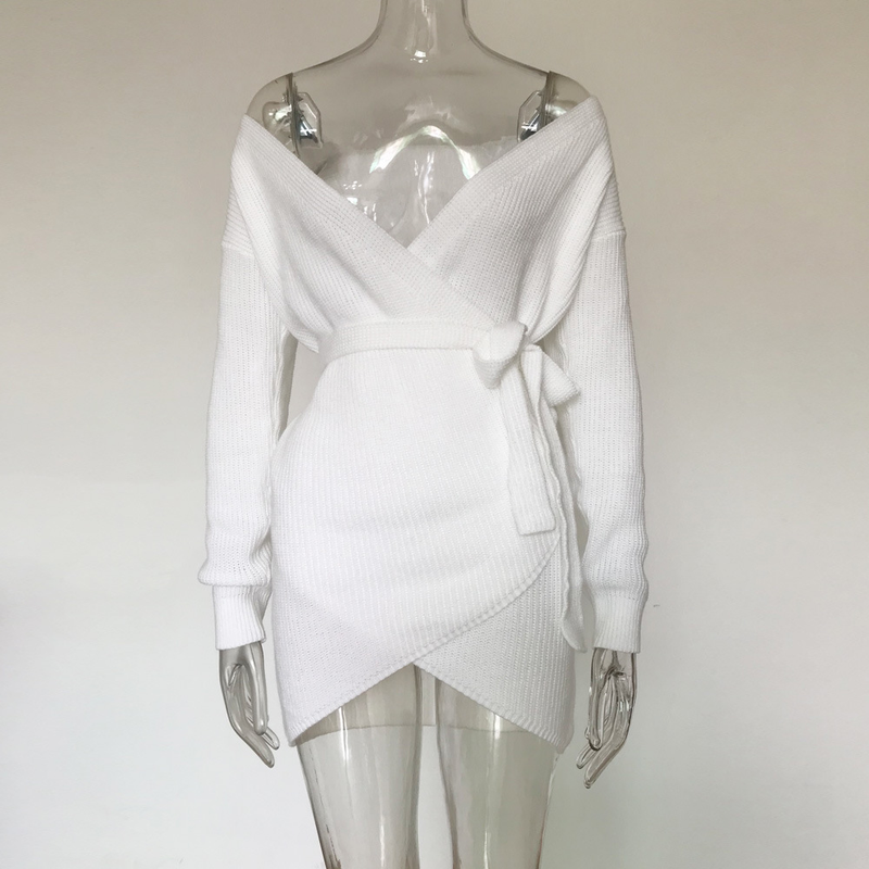 Neues, beliebtes Online-Sexy-Schulterkleid mit V-Ausschnitt und Gürtel für Damen_voghion.com