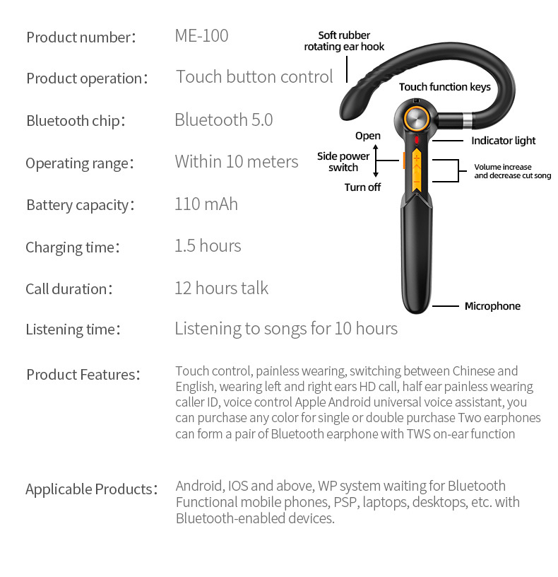 New ME100 Ear-hook Bluetooth Headset Rotating Business True Wireless Stereo Headset_voghion.com