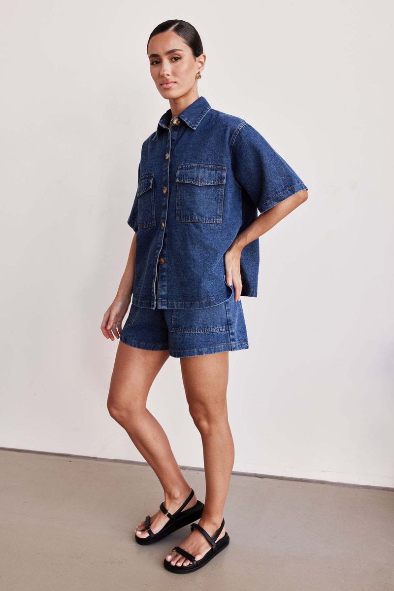 Retro Casual Loose Pocket Short Sleeved Shirt Shorts Denim Two Piece Suit_voghion.com