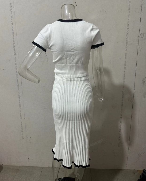 Women's Clothing Summer New Contrast Color U neck Elastic Slim Short Top Skirt Suit Women_voghion.com