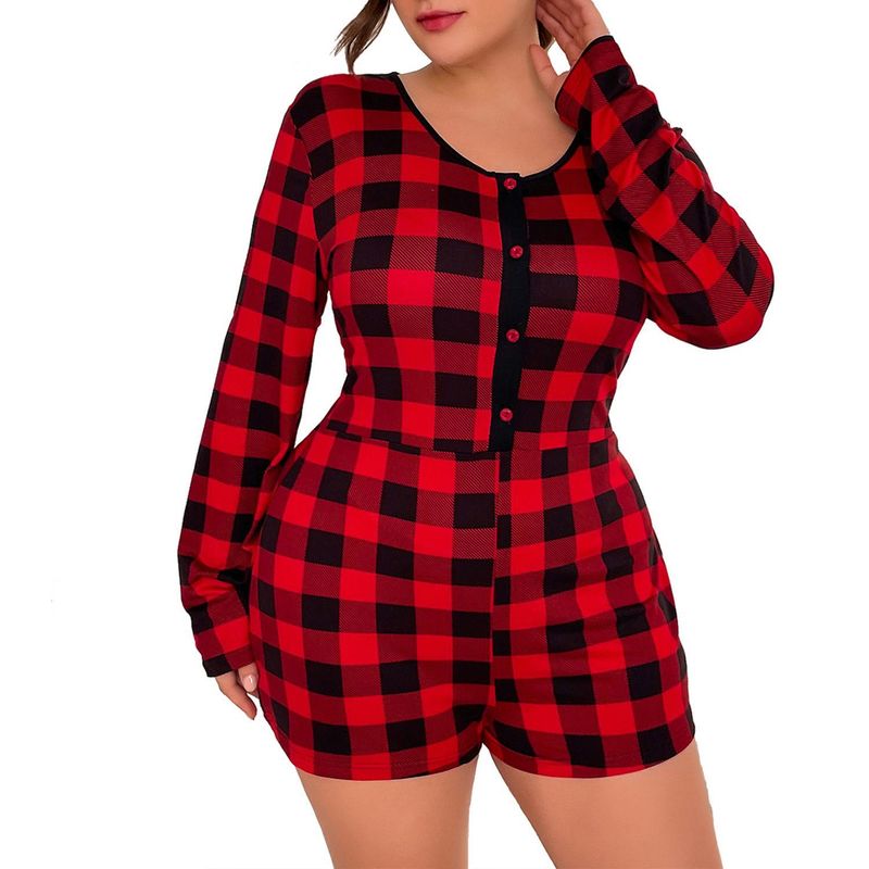 Pijama de una pieza de manga larga a cuadros rojos para mujer, talla grande, 100 kg_voghion.com
