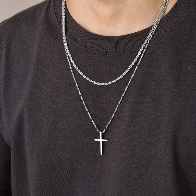Collane da uomo Vnox, ciondolo a croce semplice a strati in acciaio inossidabile, collana con catena a scatola di corda, semplice collare con preghiera di Gesù_voghion.com