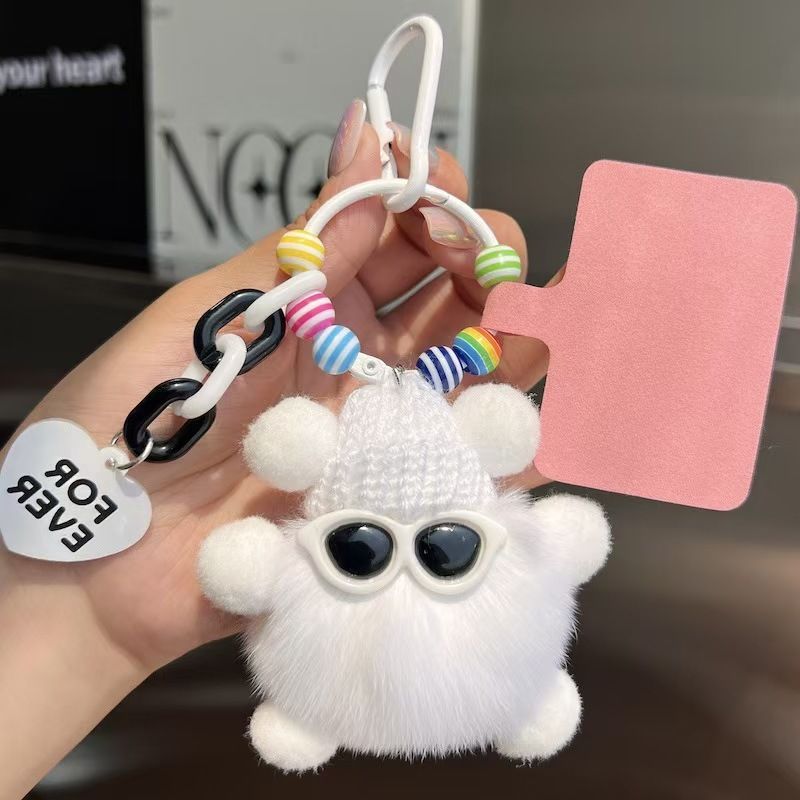 Portachiavi con ciondolo per auto in vera pelliccia di coniglio Rex, piccolo e grazioso, a forma di palla di carbone, per donne, squisita bambola di peluche da appendere allo zaino._voghion.com