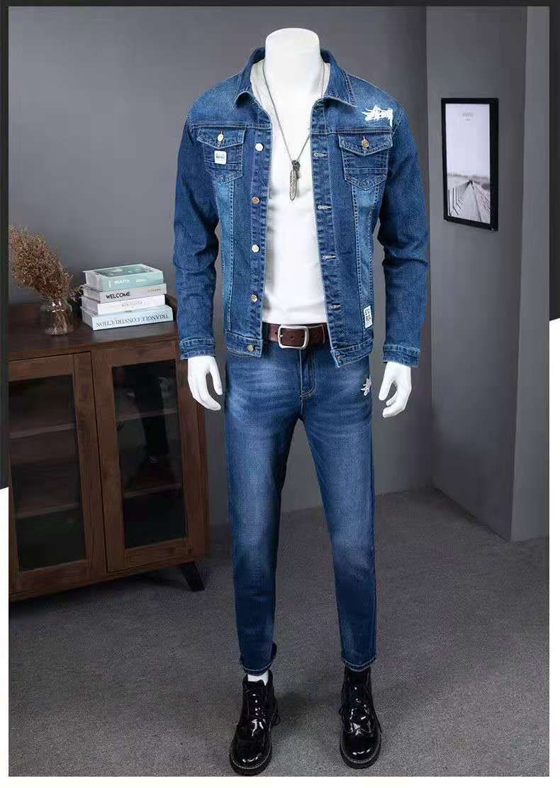 Ensemble deux pièces tendance pour homme, veste en jean et jean, tissu tricoté décontracté_voghion.com
