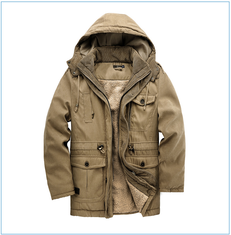 Men's Plus Size Shearling Hooded Cotton Jacket Thickened Multi-Pocket Cotton Top Casual Mid-Length Coat_voghion.com