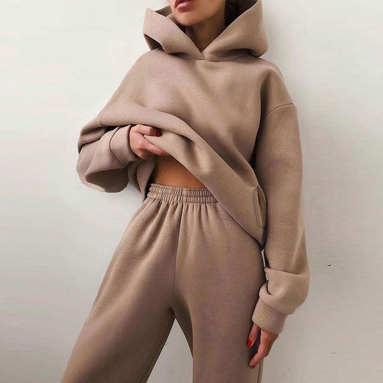 New women's autumn hoodie set solid color casual fashion sports pants two-piece set_voghion.com