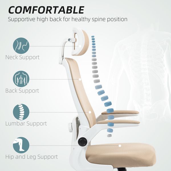 HOMCOM Mesh Chair, Office Chair With Rotatable Headrest, Flip-up Arms, Adjustable Lumbar Support, Smooth Mobility, Khaki_voghion.com