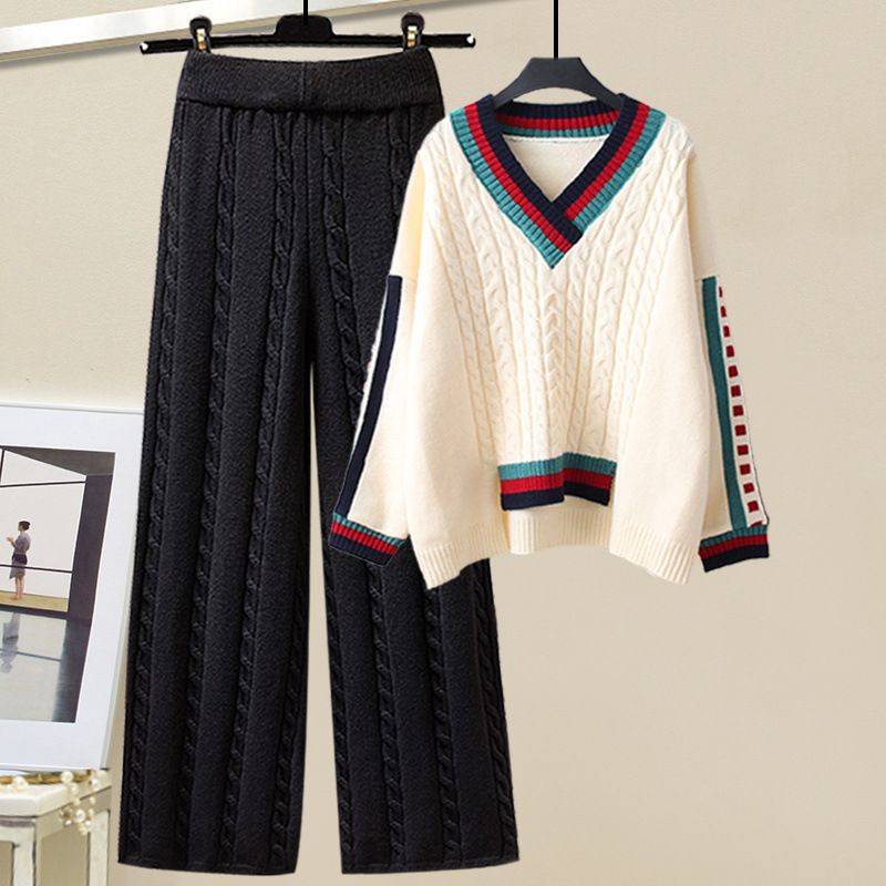 Women's Clothing Large Size Women's Winter Suits For Women New Lazy Style Loose Sweaters Slim And Versatile Wide Leg Pants Two Piece Suit_voghion.com