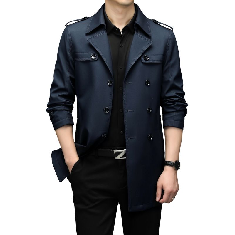 2025 Trench Coat With Turn-Down Collar, Mid-Length, Dad Style, Business Casual, Spring Summer, Middle-Aged Men's Jacket,_voghion.com