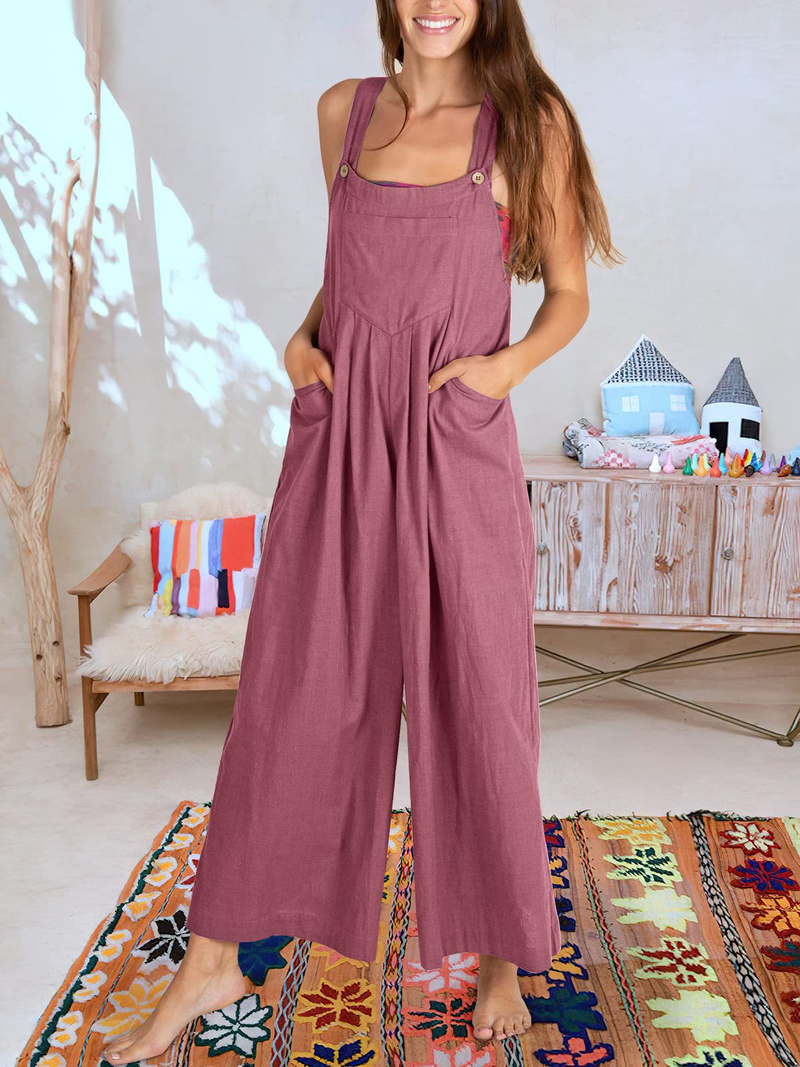 Women's clothing solid color loose casual cotton and linen overalls jumpsuit_voghion.com