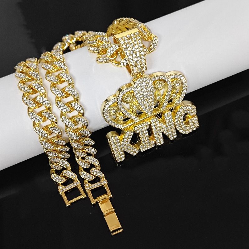 New Men's Full Diamond Chain Hip-Hop Style Personality Crown English KING Pendant Necklace_voghion.com