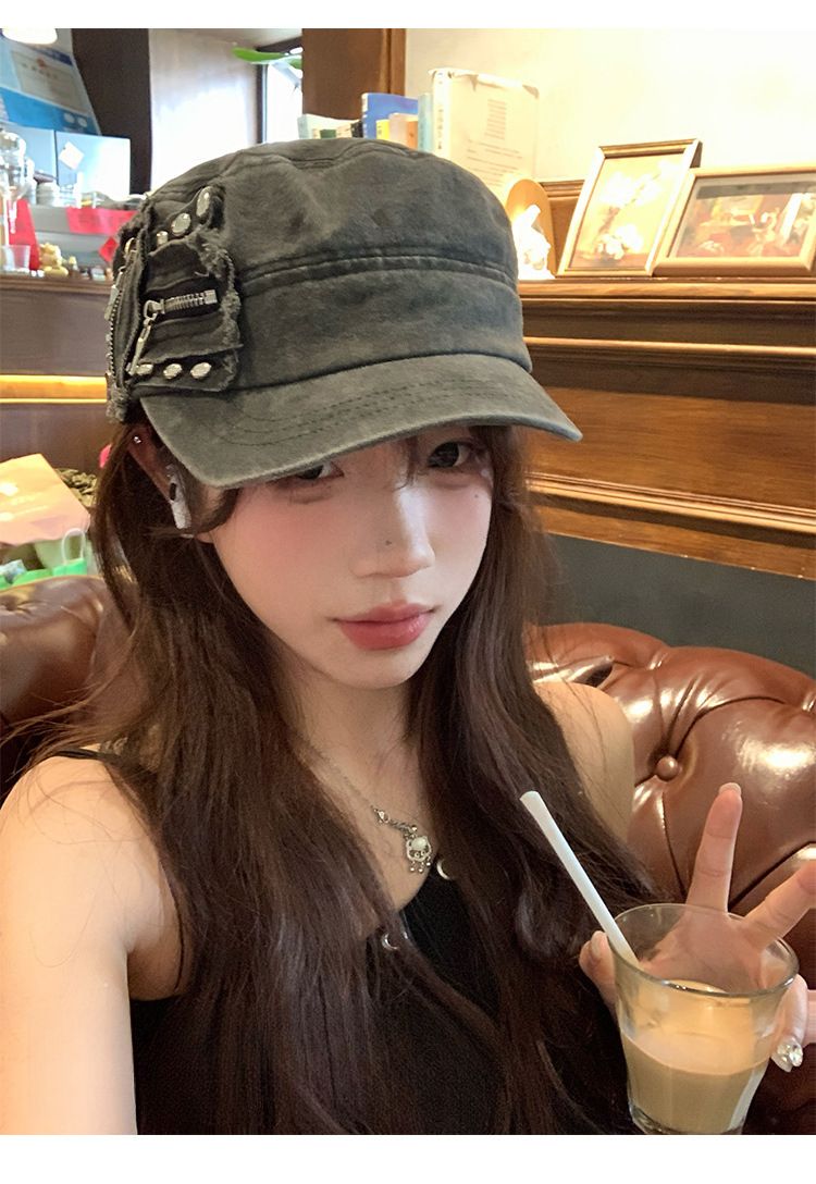 studded Zipper Flats,Designed For Women,Niche Heavy Craftsmanship,Y2K Trendy Cool Baseball Cap_voghion.com