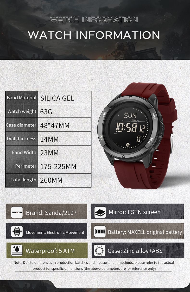 Digitale Sportuhr für Herren und Damen mit Kompass, Metronom, Schrittzähler, doppelter Zeitzone, Nachtlicht, wasserdicht bis 50 m, Silikonarmband_voghion.com