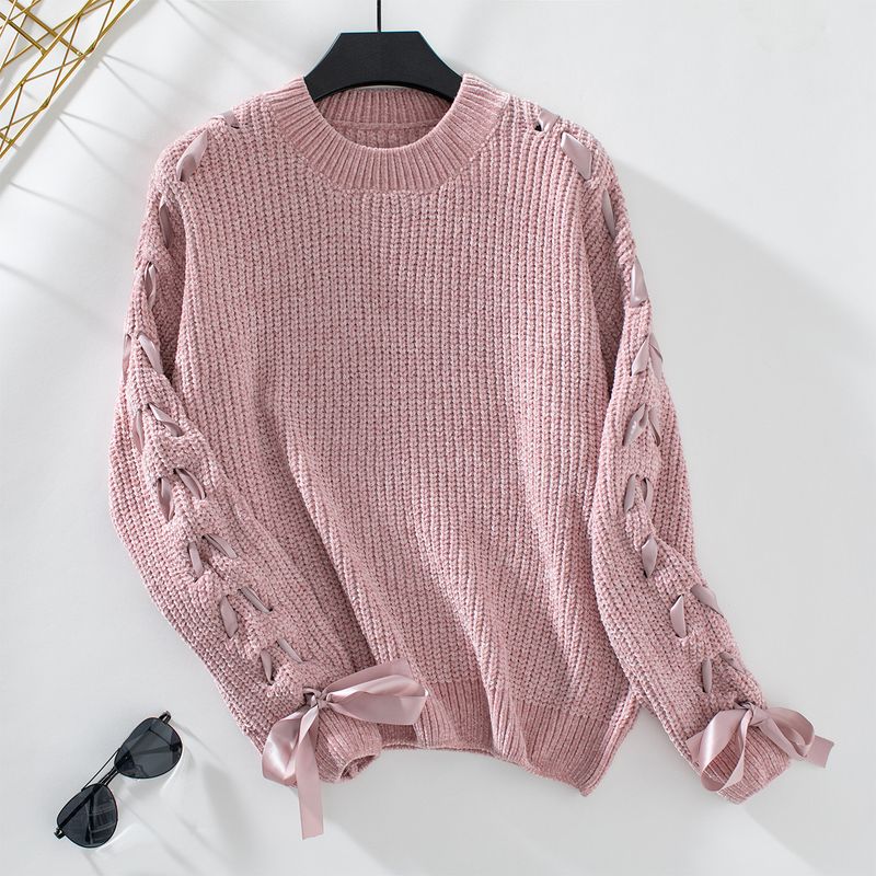 Women's Knit Sweater With Bow Tie Detail - Oversized Casual Long Sleeve Pullover For Fall & Winter_voghion.com