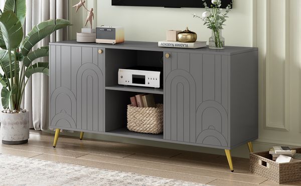 Modern TV Stand For TVs Up To 55 Inches,Entertainment Center Media Console,Adjustable Shelf,Metal Legs,Handles And Anti-tip Device For Living Room_voghion.com