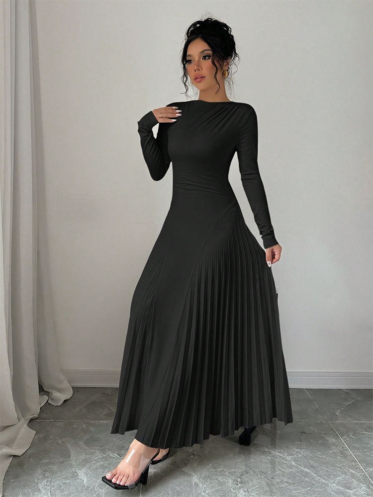 Nuovo abito plissettato a maniche lunghe lavorato a maglia, gonna lunga, elegante, sottile, versatile, alla moda_voghion.com