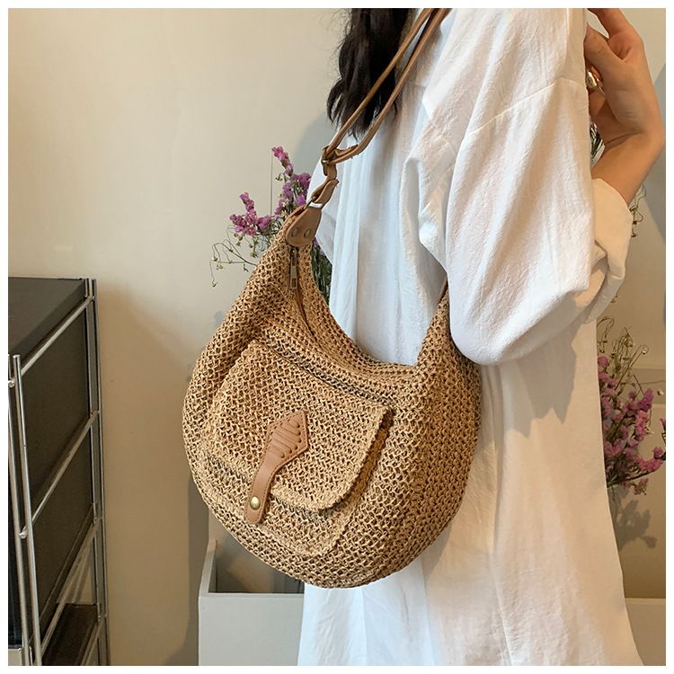 Straw Bag Woven Bag Casual Holiday Wind Straw Bag Women's Single Shoulder Underarm Saddle Bag Large Capacity Beach Bag_voghion.com