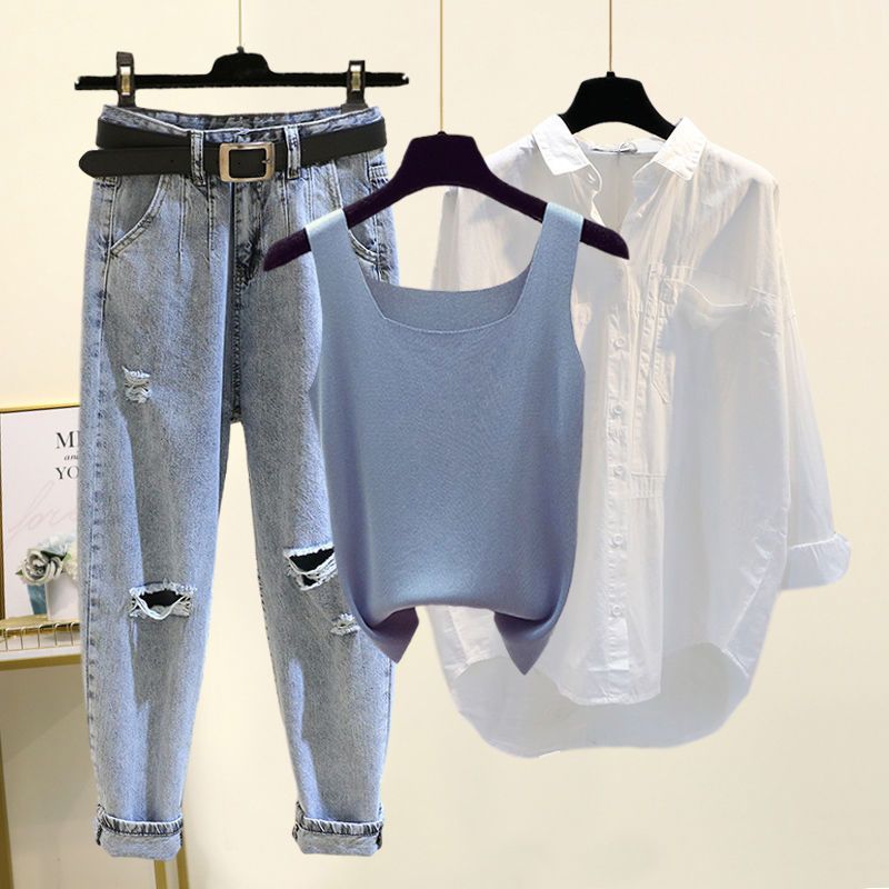 Dammekleeder Summerkostüm fir Fraen Nei Grouss Gréisst Sonneschutzhemd Innenhänger mat gerappte Jeans Dräi Stécker_voghion.com