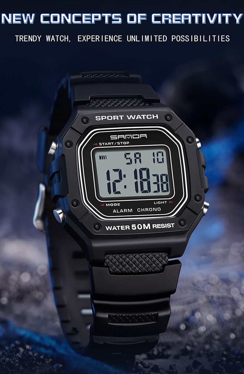 Orologio sportivo digitale per uomo e donna con display LED, impermeabile fino a 50 m, sveglia, luce notturna, quadrante quadrato, orologio da studente con cinturino in TPU_voghion.com