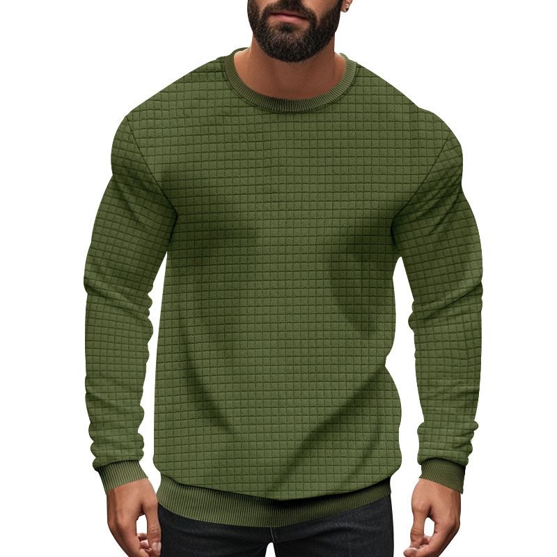 Camiseta de manga larga con estampado de jacquard cuadrado para hombre: transpirable, holgada, informal, de cuello redondo, ligera y para combinar con otras prendas (blanco/gris oscuro)_voghion.com