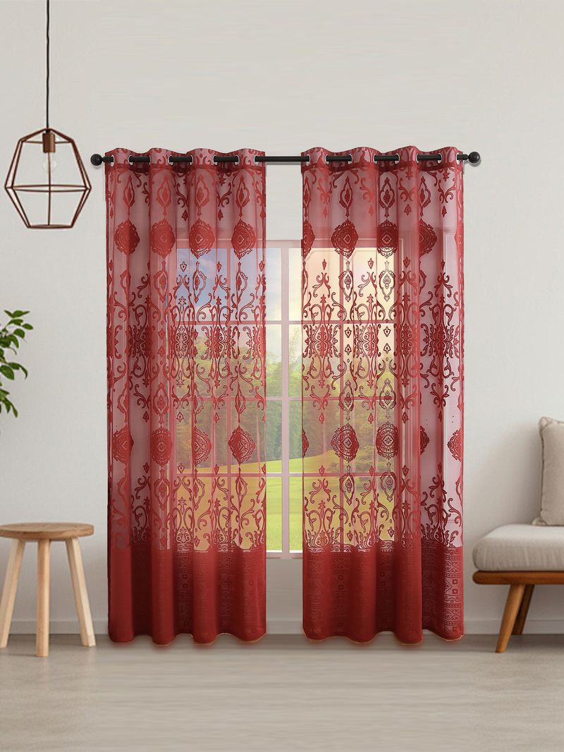 Coin-Pattern Lace Curtains – Semi-Sheer Polyester Window Treatments For Living Room, Bedroom & Kitchen (Red/Beige/White, Multiple Sizes)_voghion.com
