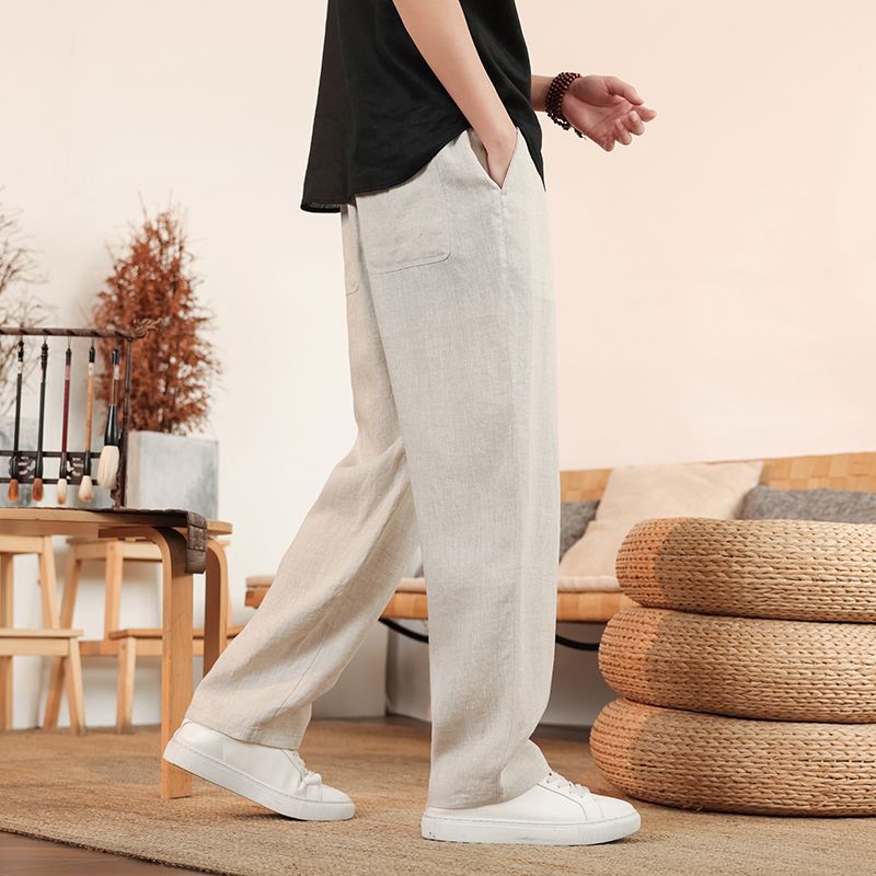 Men's Clothing Plus Size Linen Casual Pants Summer Thin Pants Loose Straight Pants Elastic Waist Cool Trousers_voghion.com