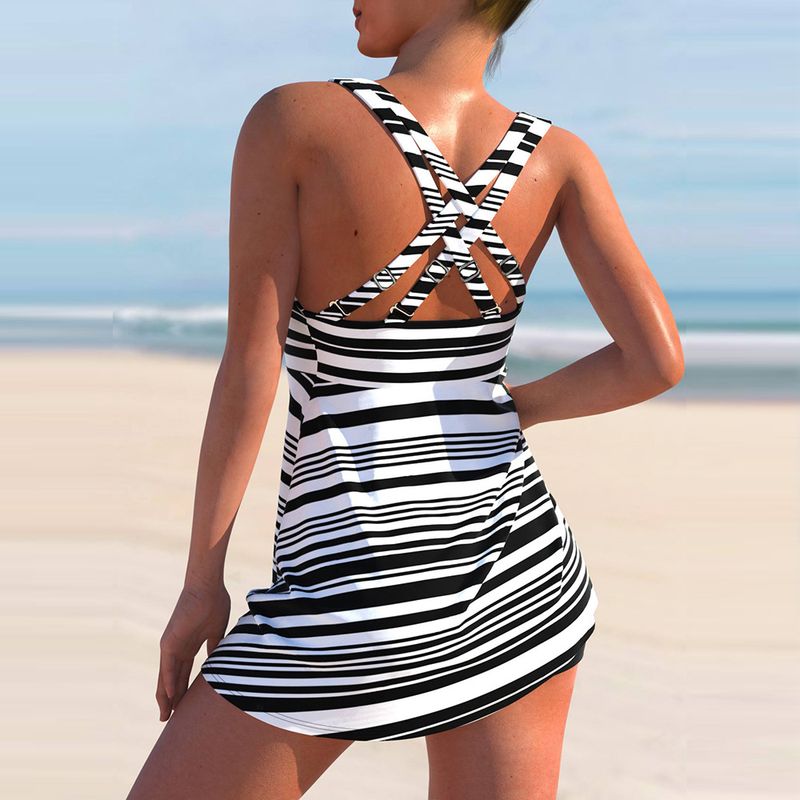 Maillot de bain imprimé à rayures multicolores, Bikini à grandes bretelles, à la mode, coupe cintrée, fendu, nouvelle collection 2024_voghion.com