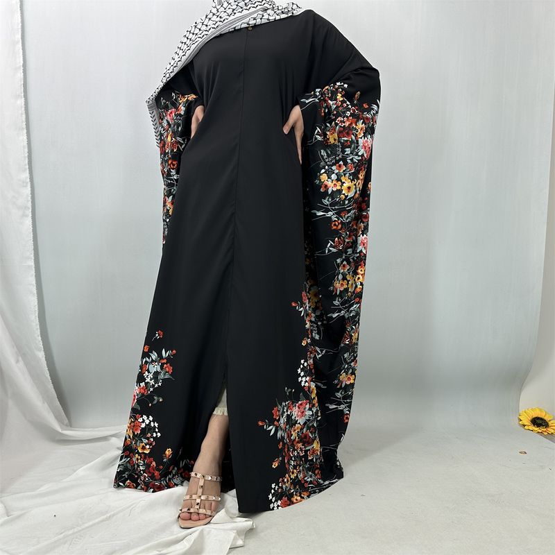 Hot Seller Vleermuismouwen Vlinder Abaya Femme Bloemenprint Kebaya Middenzoom Split Kaftan Jurken Voor Eid Marokkaanse Kaftan Maxi_voghion.com