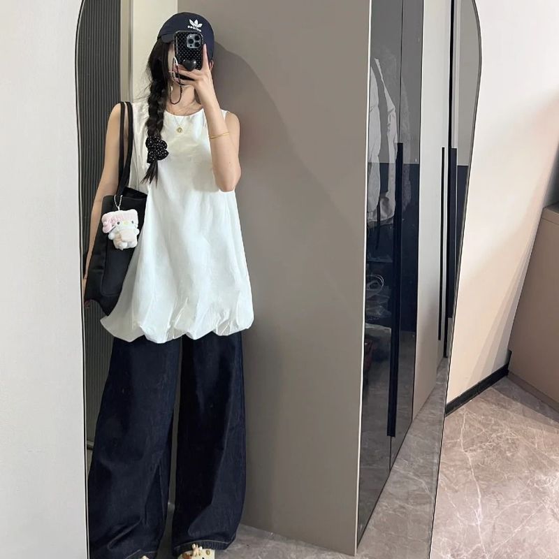 Gilet con maniche a lanterna in tinta unita per donna, nuovo abito senza maniche versatile a trapezio e snellente, alla moda estiva 2025_voghion.com