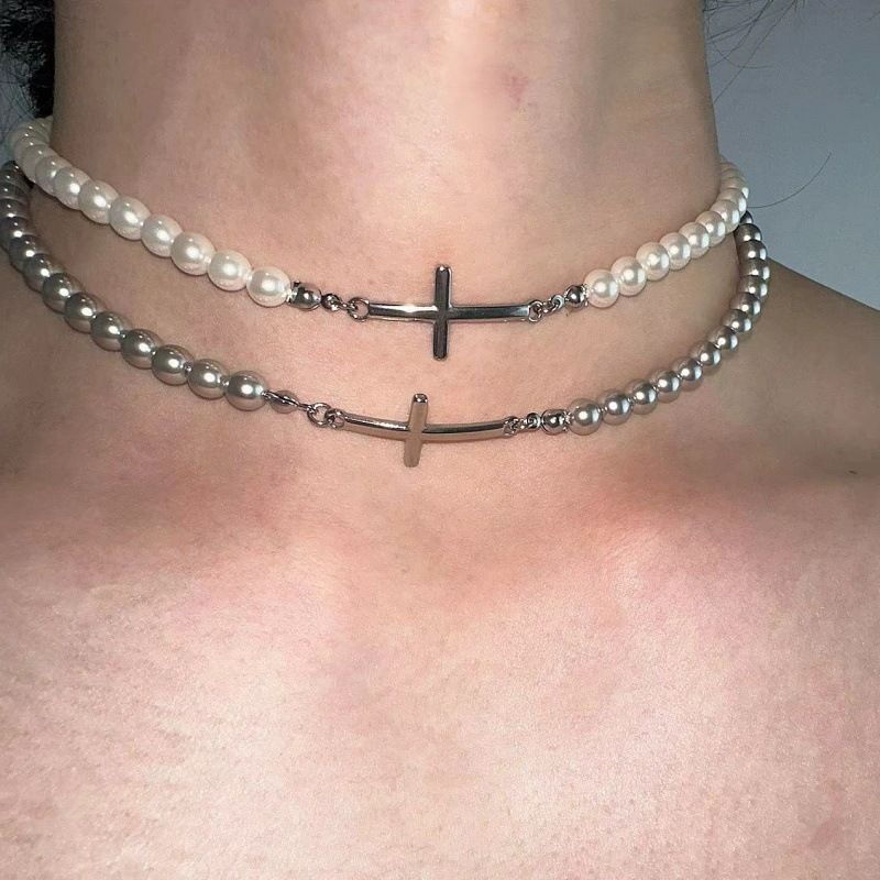 Minimalist Elegant Niche High-end Pearl Cross Splicing Necklace Fashion Unisex Design Sense Collarbone Chain_voghion.com