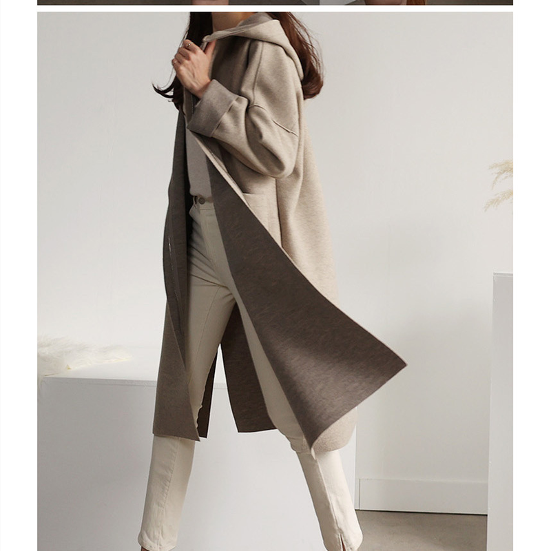 Moda autunno inverno cappotti di lana coreana donna con cappuccio in cashmere tasca aperta mantello allentato manica lunga tinta unita_voghion.com