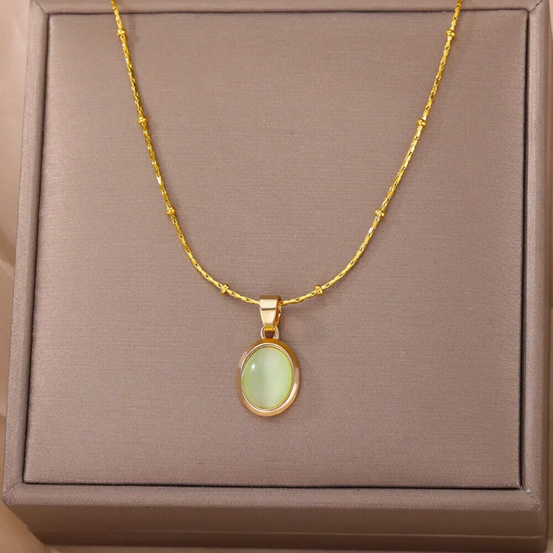 Fashion Stone Opal Oval Necklace For Women Stainless Steel Gold Color Oval Stone Pendant Necklace Wedding Aesthetic Jewelry Gift_voghion.com