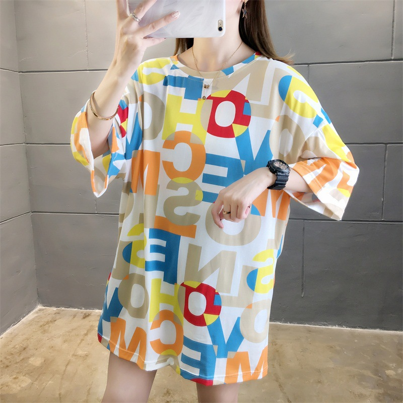 Camiseta feminina de manga curta de comprimento médio letras impressas soltas emagrecimento grande tamanho estudante feminino ins tendência_voghion.com