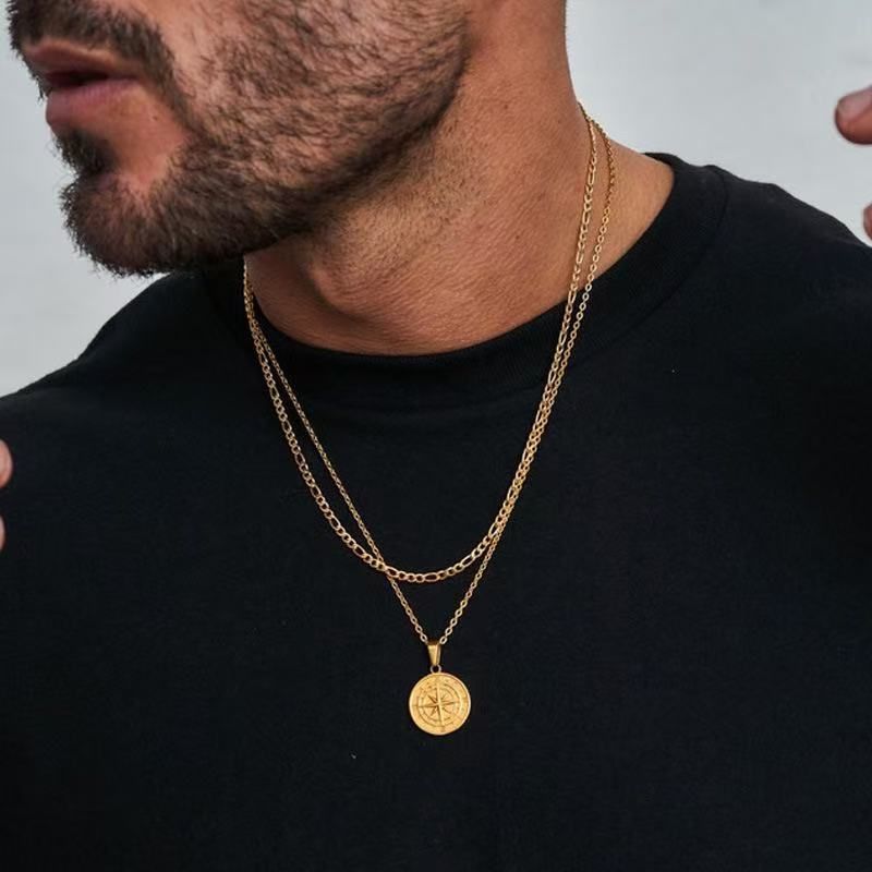 Men's Jewelry Compass Pendant Necklace Double Layer Stacking Sailing Travel Clavicle Chain Jewelry_voghion.com