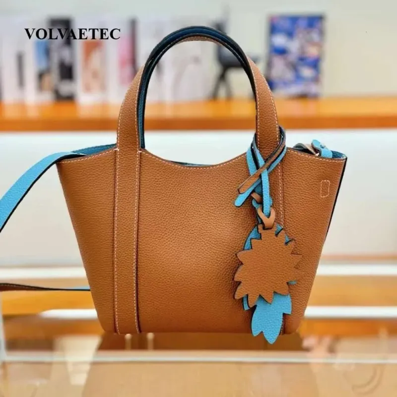 Panier à légumes en cuir de vache de première couche, fourre-tout double face de couleur contrastée, pour mère et enfant, Design 2025_voghion.com