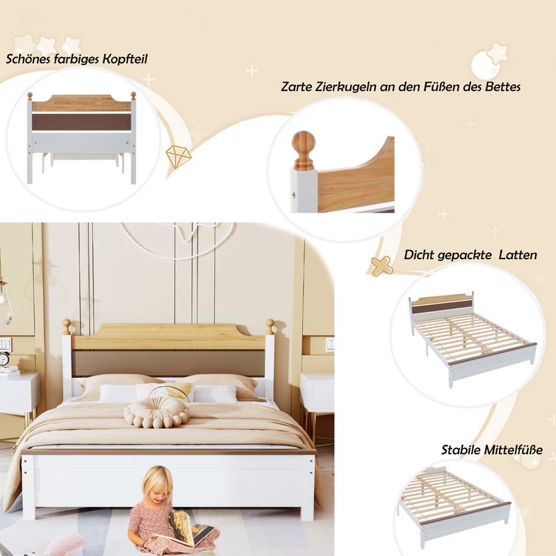 Doppelbett 140x200cm, Kiefernholz, Kopf- Und Fußteil, Colour-Blocking, Bianco_voghion.com