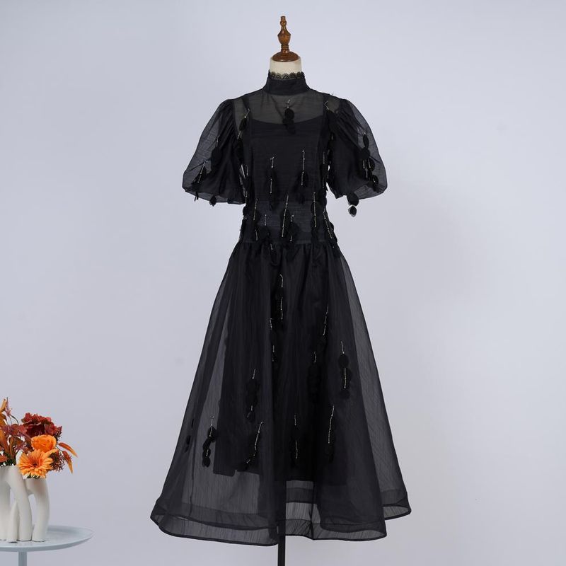 Women's Clothing Celebrity Lace Stand Up Collar Solid Color Top High Waist Swing Skirt With Suspenders Three Piece Set_voghion.com