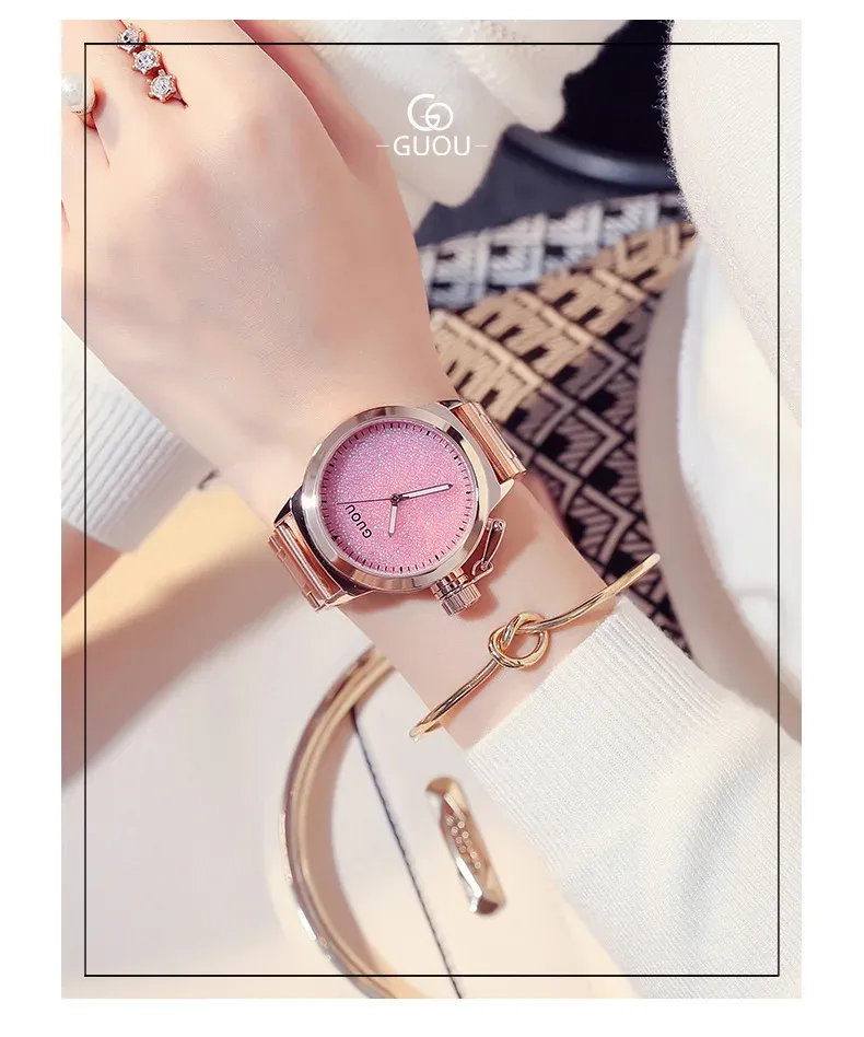 Orologio da donna alla moda Guou con cinturino in acciaio, quadrante piccolo con diamanti, orologio da polso al quarzo, design elegante con cielo stellato_voghion.com