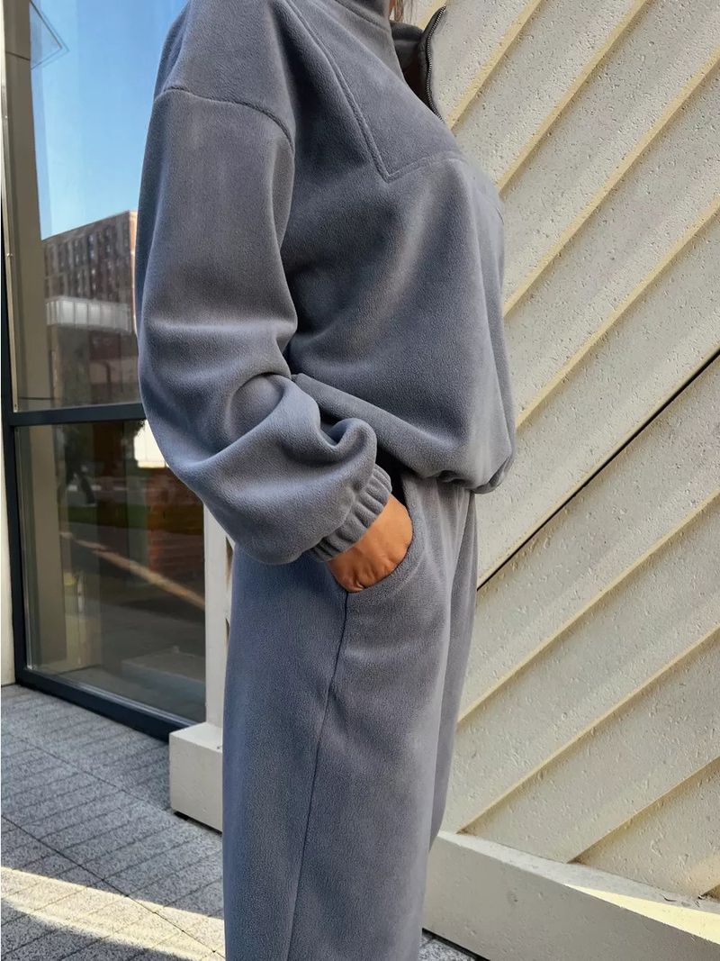 Lässiges Set aus Fleece-Kapuzenpullover und Jogginghose für Damen – locker sitzendes Sweatshirt mit Stehkragen und Hose mit elastischem Bund (Beige, Dunkelgrau, Khaki)_voghion.com