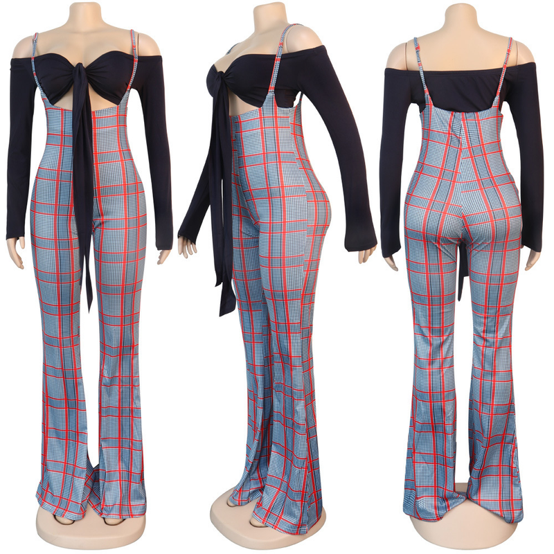 Women's sexy slim line shoulder coat plaid suspenders two-piece set_voghion.com